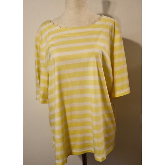 Talbots NWT XL Pima Cotton Tee Yellow White Stripe Scallop Neck Soft Top - Picture 1 of 10